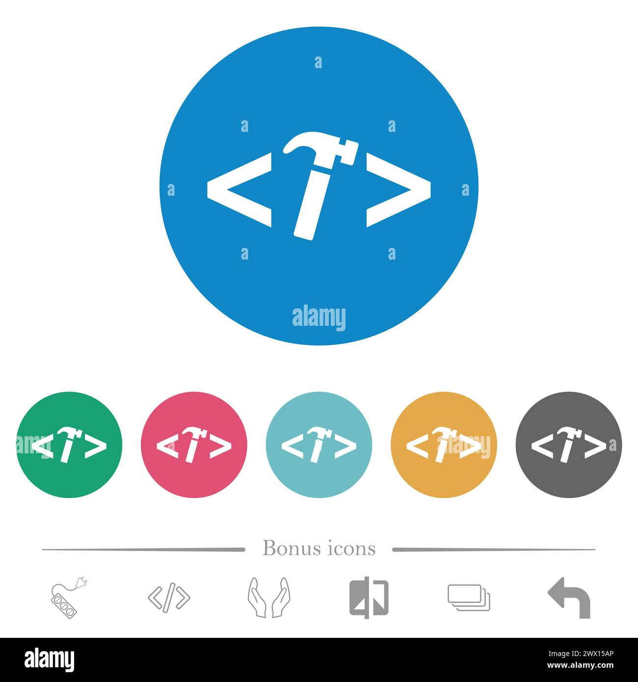 Web development with hammer flat white icons on round color backgrounds ...