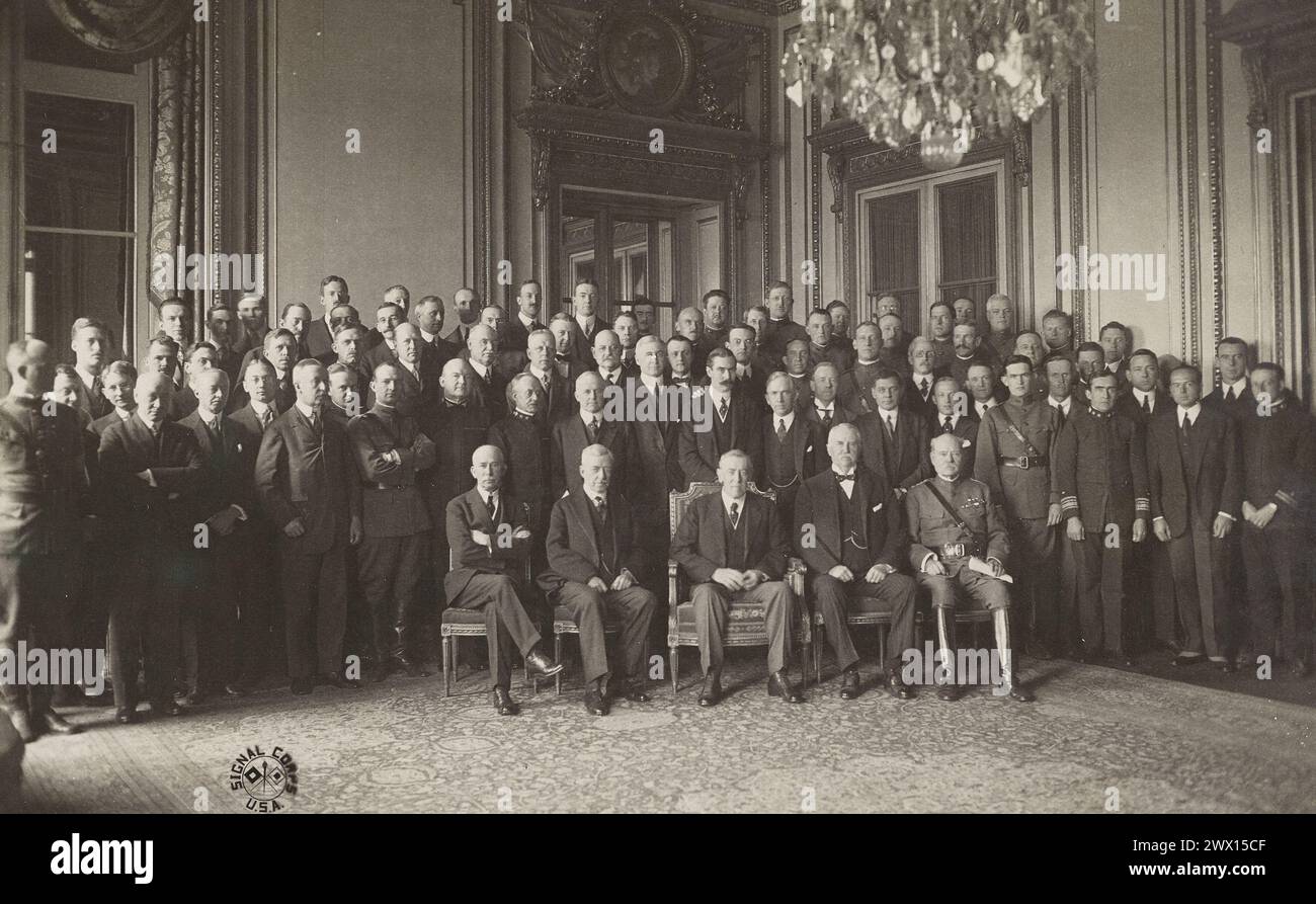 Members of the American Commission to Negotiate Peace Delegates at Hotel Crillon, Paris, France ca. June 1919 Stock Photo