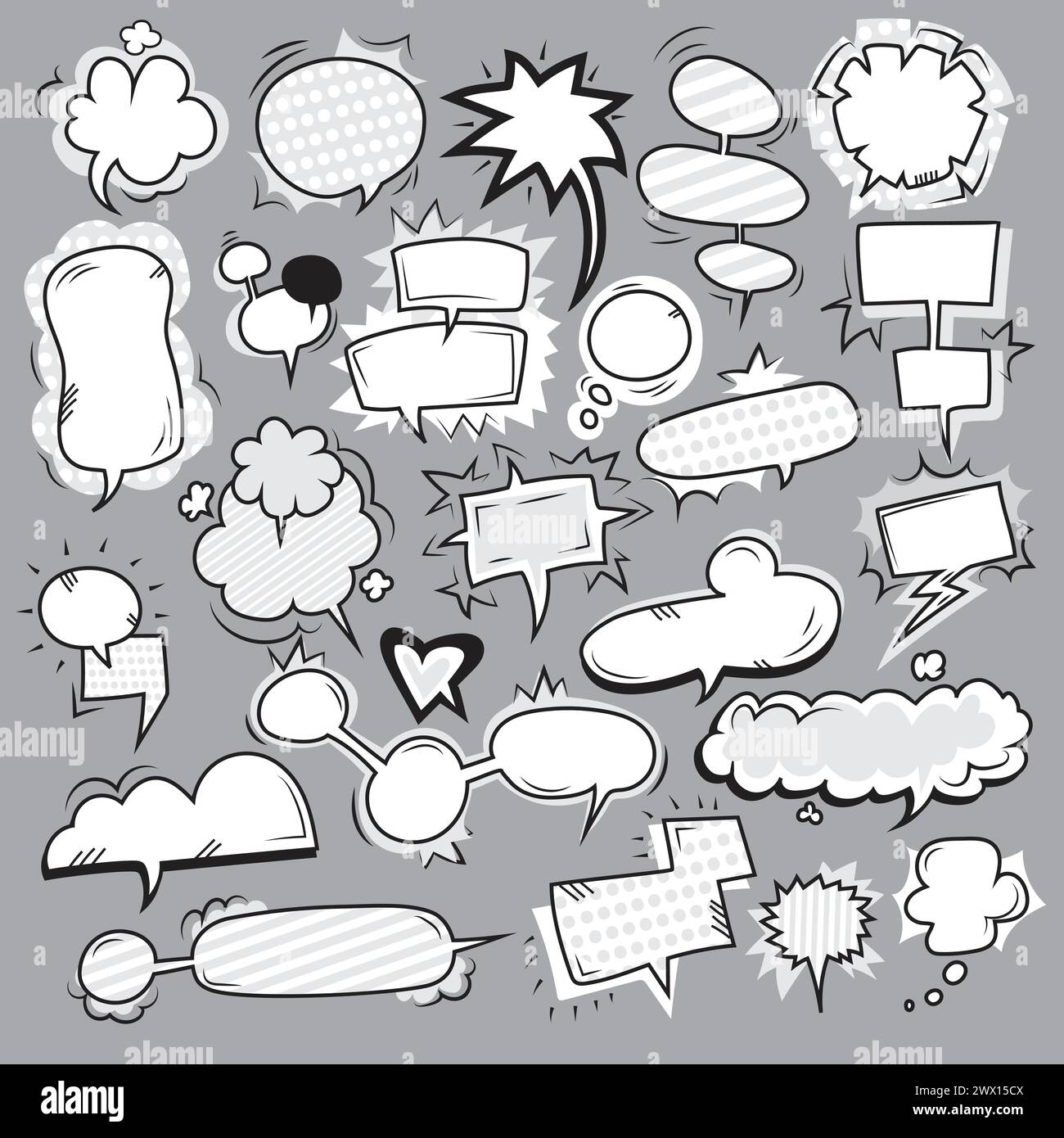 Pop art black white bubbles set on grey background flat isolated vector illustration Stock Vector