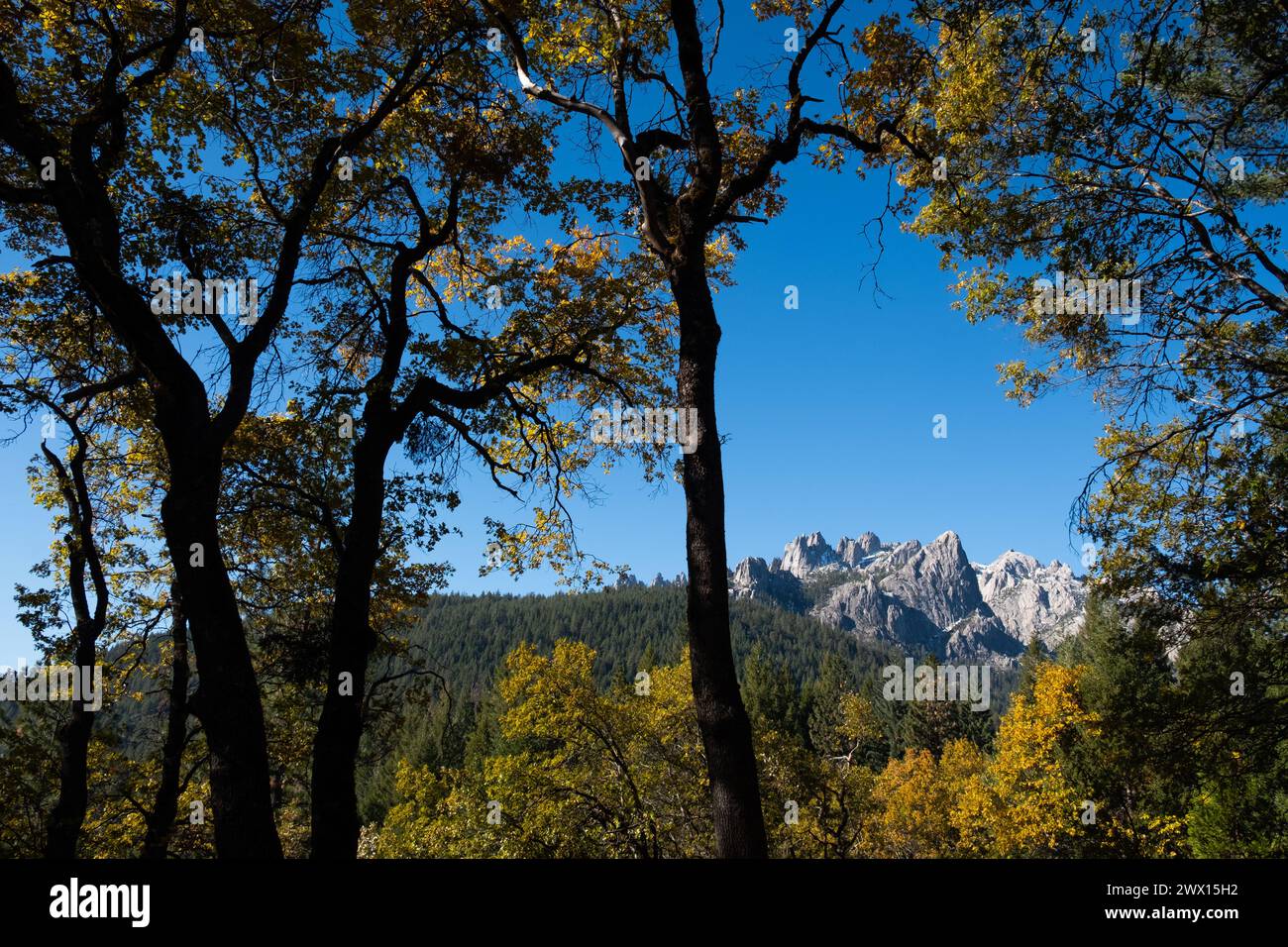 View of Castle Crags from Castle Crags State Park in northern California near Mt. Shasta. Stock Photo