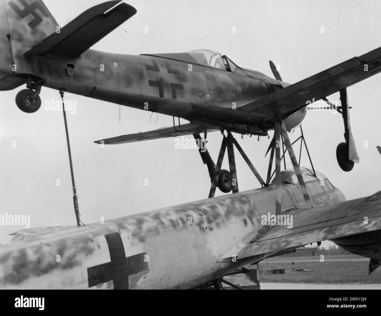 Pictured is the German Pick-A-Back Plane, Captured by the 1st U.S. Army in Merseburg, Germany ca. probably 1945 Stock Photo