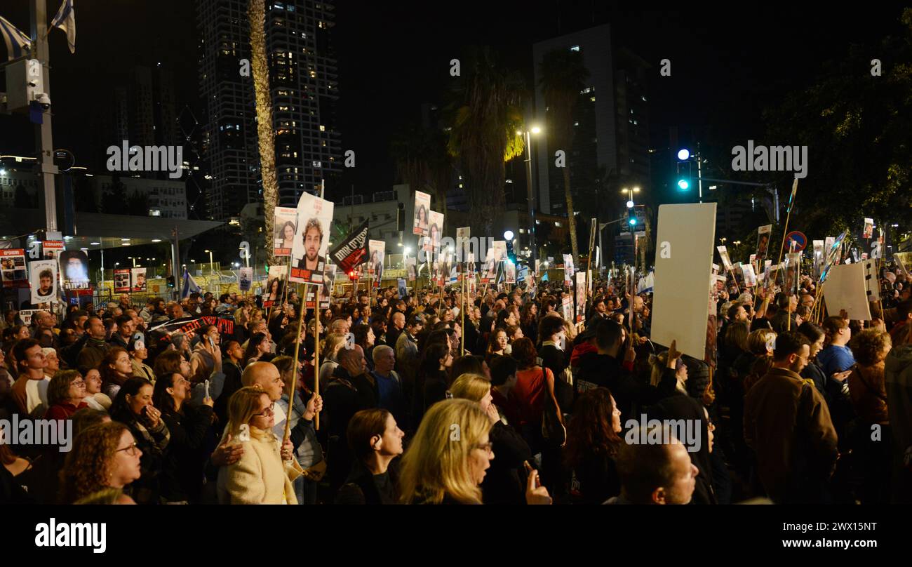 March 16th 2024, Tel-Aviv, Israel. Thousands of supporters rallied at the Hostages Square demanding the release of the Israeli hostages in Gaza. Stock Photo