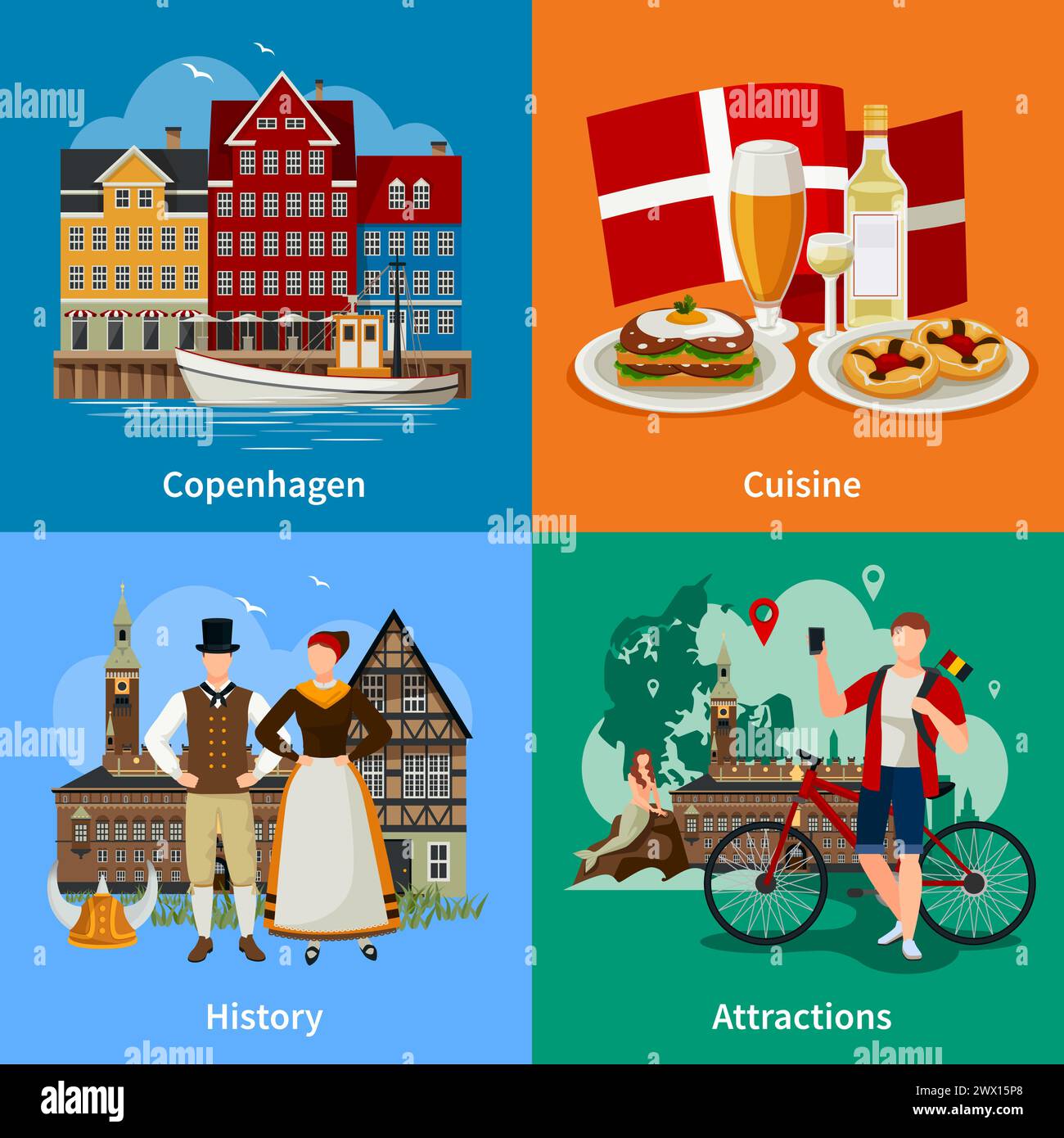 Denmark flat style concept with copenhagen traditional cuisine history and national clothing attractions isolated vector illustration Stock Vector