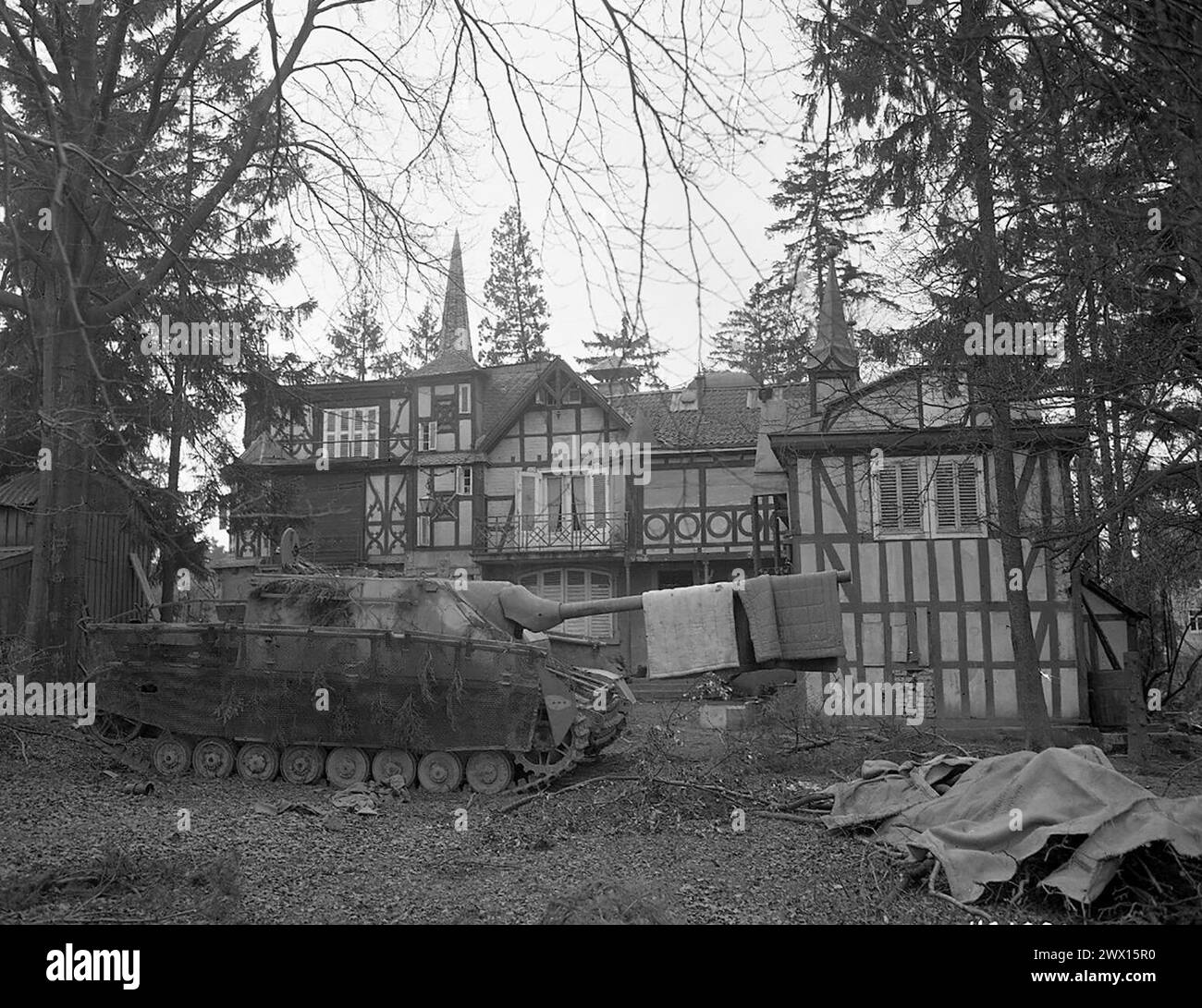 Original Caption: 'UEKERATH, GERMANY. This German self-propelled gun was knocked out by the 78th Division, 1st U.S. Army, as the 1st Army drove deeper into Germany.' ca. March 1945 Stock Photo