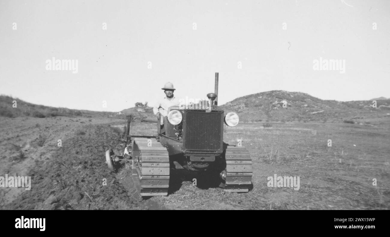 Original caption: 'New 'WM' Allis-Chalmers tractor and equipment purchased by the Barona Group of the Capitan Grande Indians' ca. 1936-1942 Stock Photo