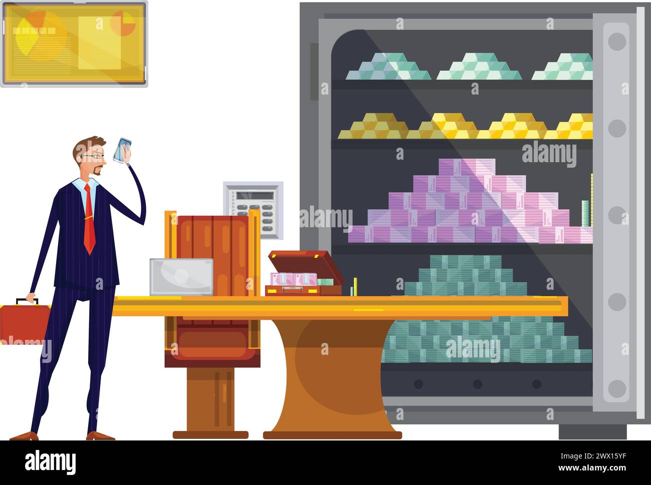 Cartoon composition with office safe box filled with tons of money and successful financial worker character vector illustration Stock Vector