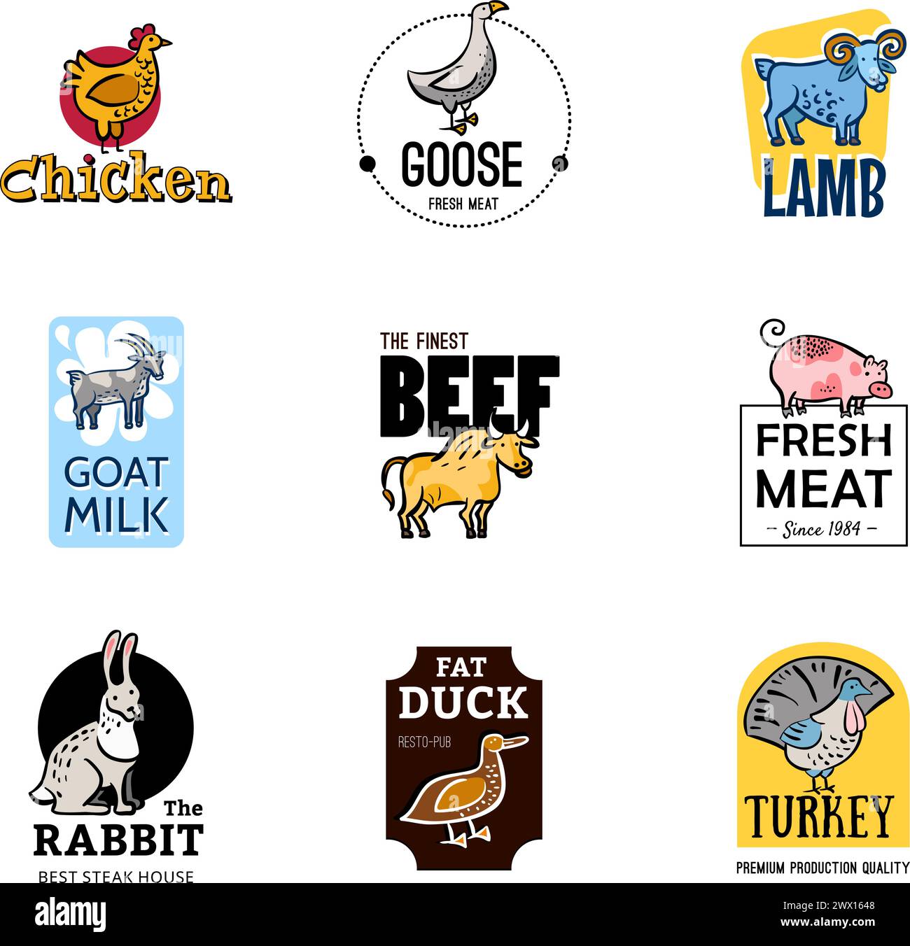 Set of food logos with goat milk and poultry beef pork lamb and rabbit ...