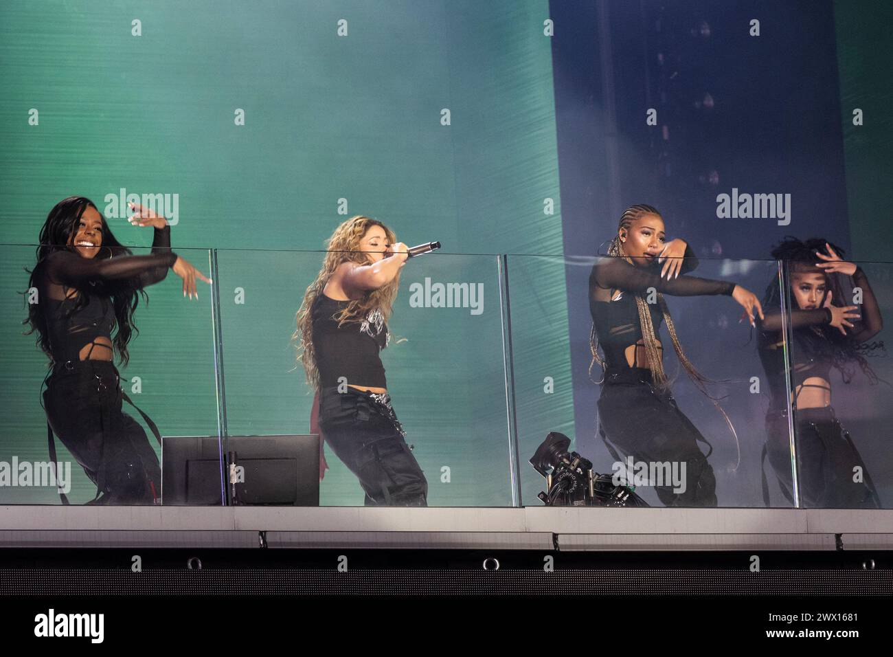 Shakira performs on balcony of TSX Broadway on Times Square in New York