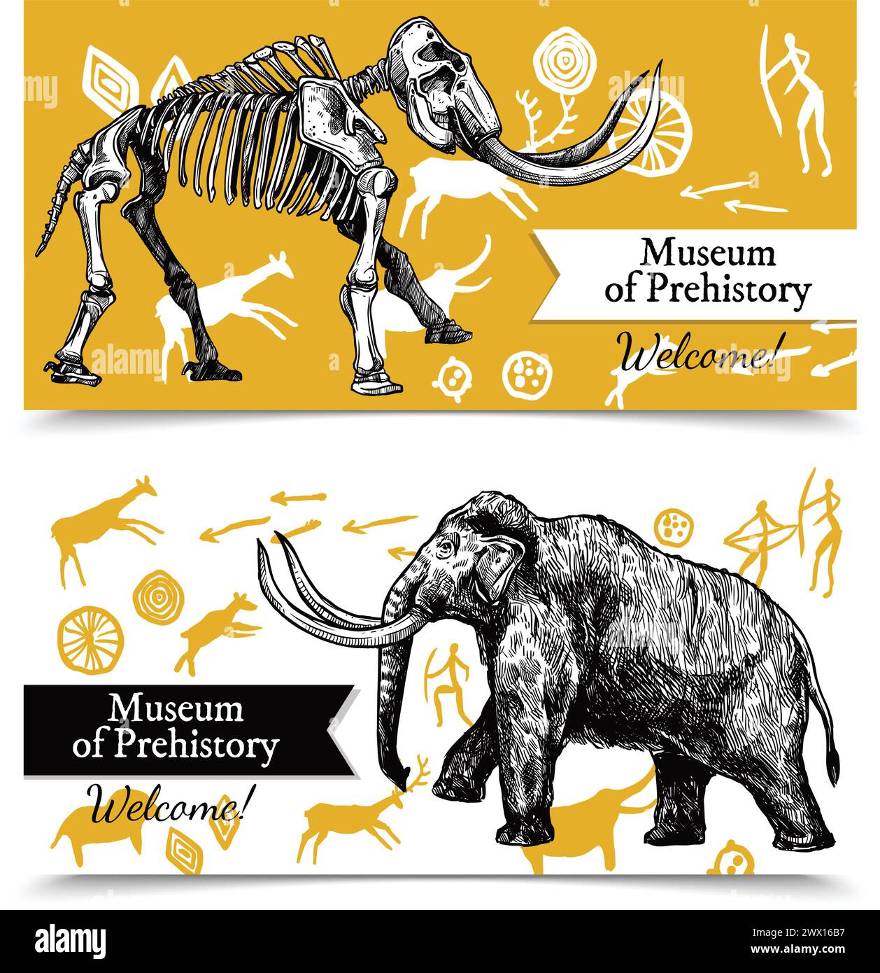 Horizontal welcome to museum of prehistory banners with sketch hand drawn mammoth and its skeleton on background with rock paintings isolated vector i Stock Vector