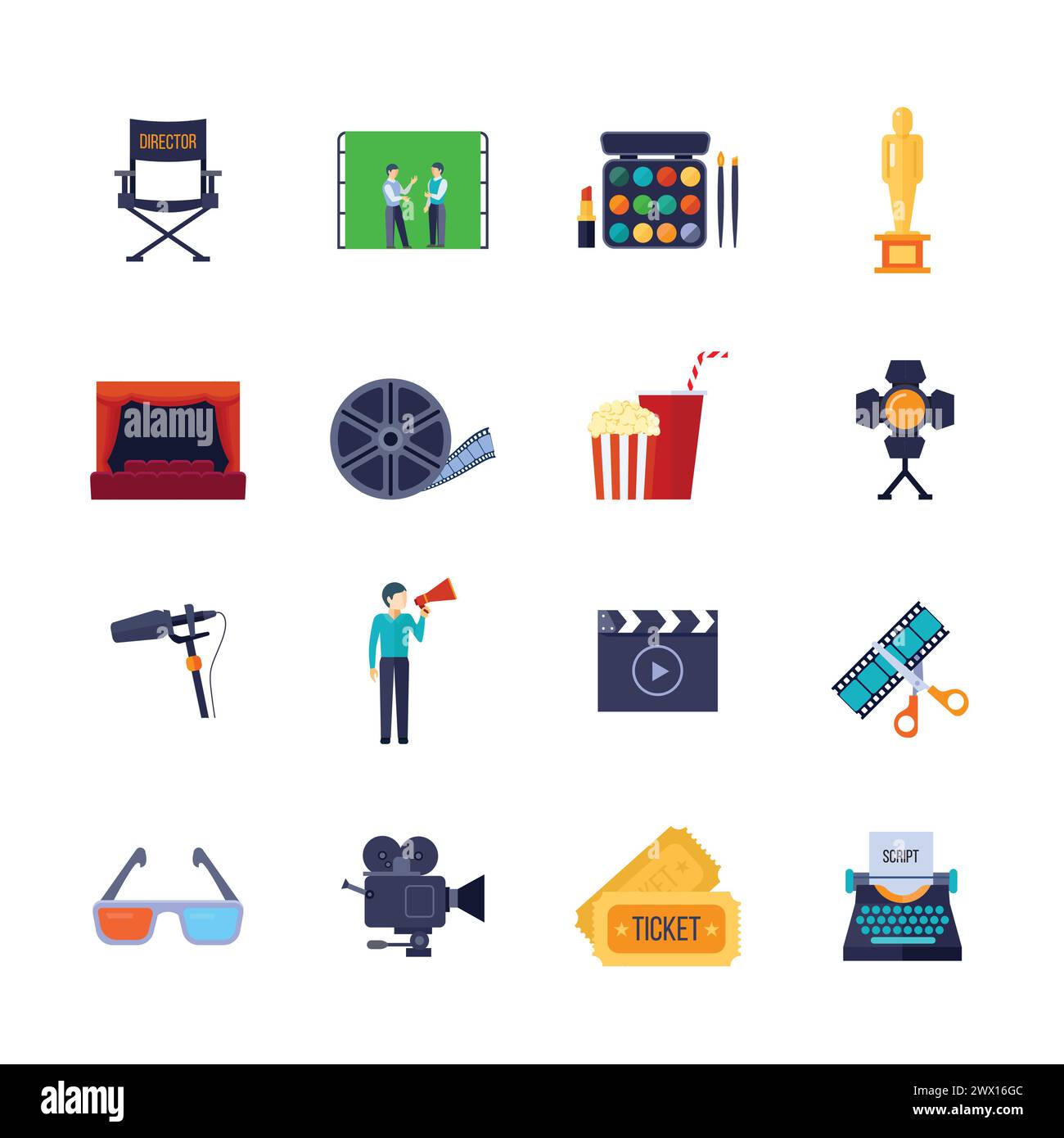 Filmmaking and movie watching attributes flat icons collection with ...