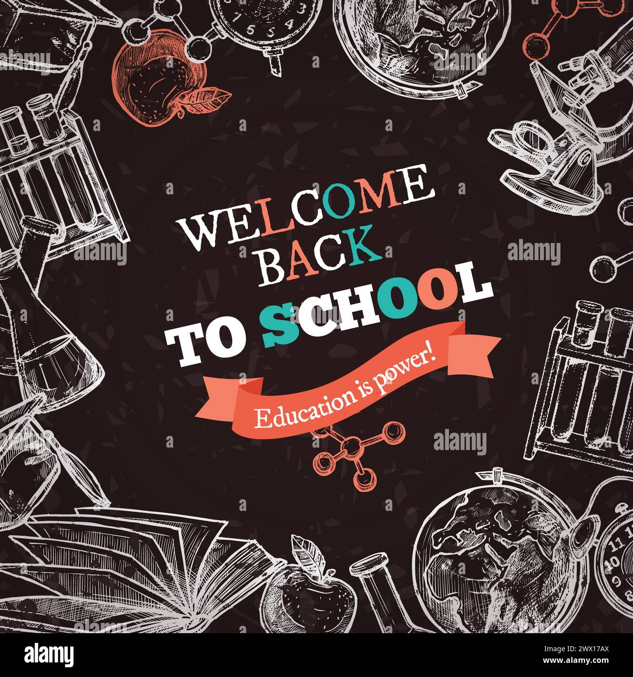 Welcome back to school education hand drawn sketch chalkboard poster with tools for studying and colorful letters on textural background vector illust Stock Vector