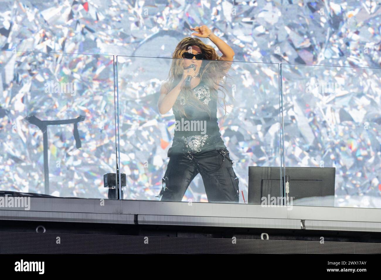 Shakira performs on balcony of TSX Broadway on Times Square in New York