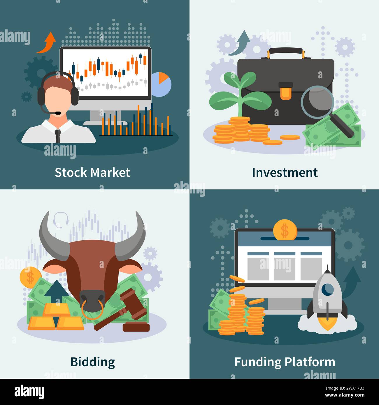 Investment and trading 2x2 design concept with broker bidding market ...