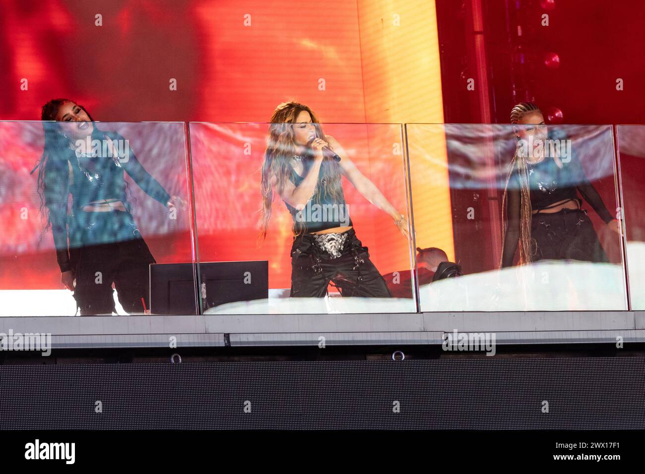 Shakira performs on balcony of TSX Broadway on Times Square in New York