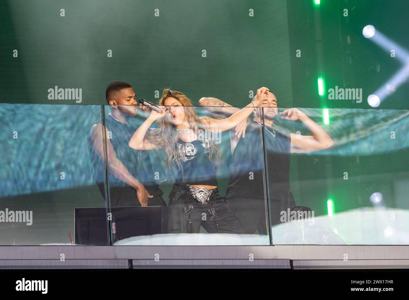 Shakira performs on balcony of TSX Broadway on Times Square in New York