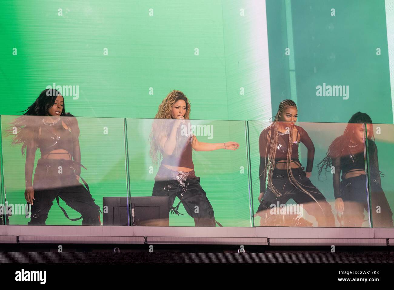 Shakira performs on balcony of TSX Broadway on Times Square in New York