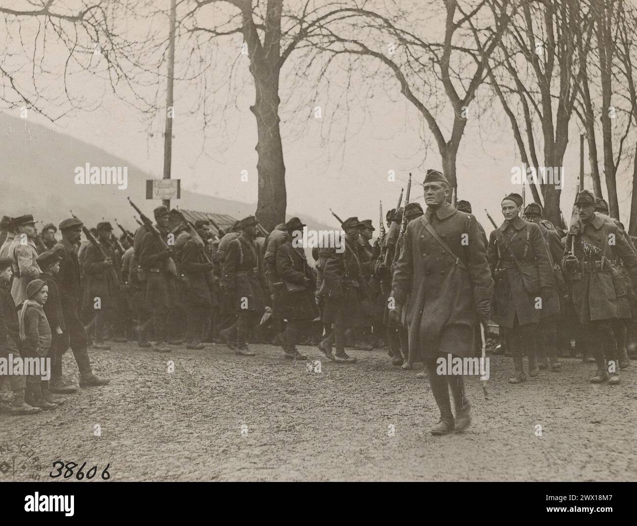 U.S. Soldiers of the 165th Infantry starting on a march through German territory, near Wallendorf ca. 1918 Stock Photo