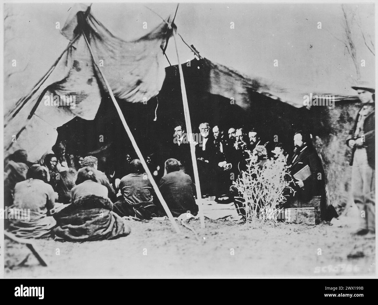 General William T. Sherman and Commissioners in Council with Sioux Chiefs at Fort Laramie, Wyoming ca. 1868 Stock Photo