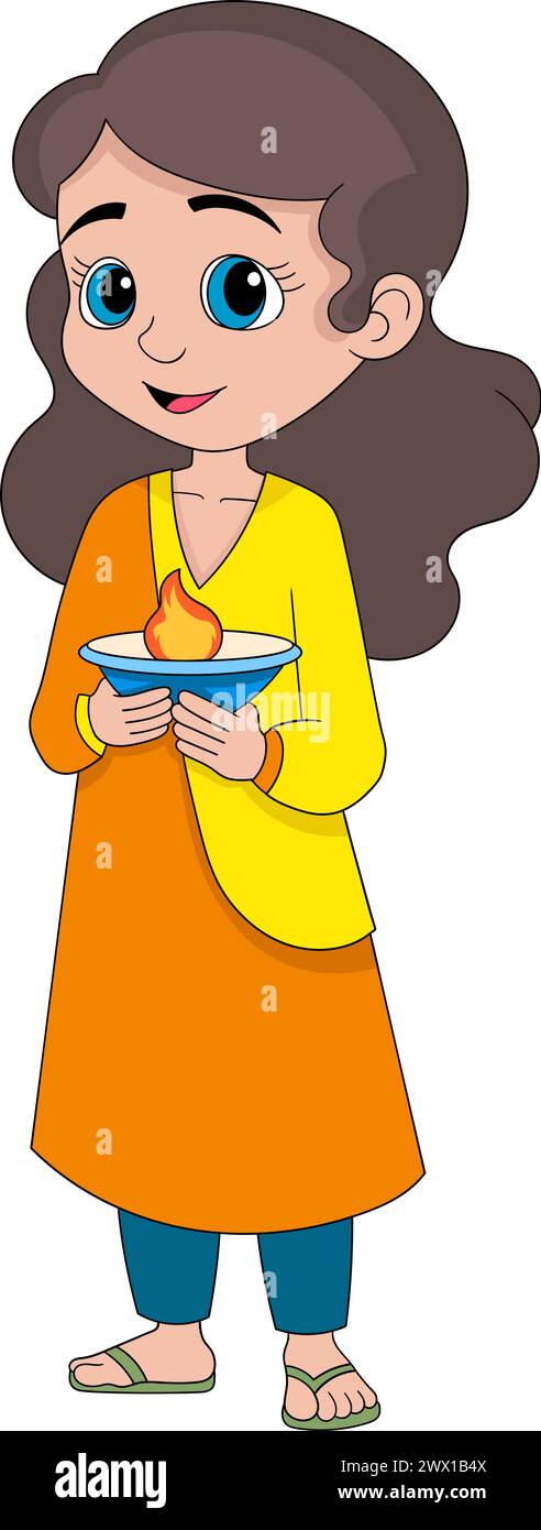 illustration of the Hindu religious Diwali tradition celebration, Indian child girl brings candlelight to worship the god, cartoon flat illustration Stock Vector