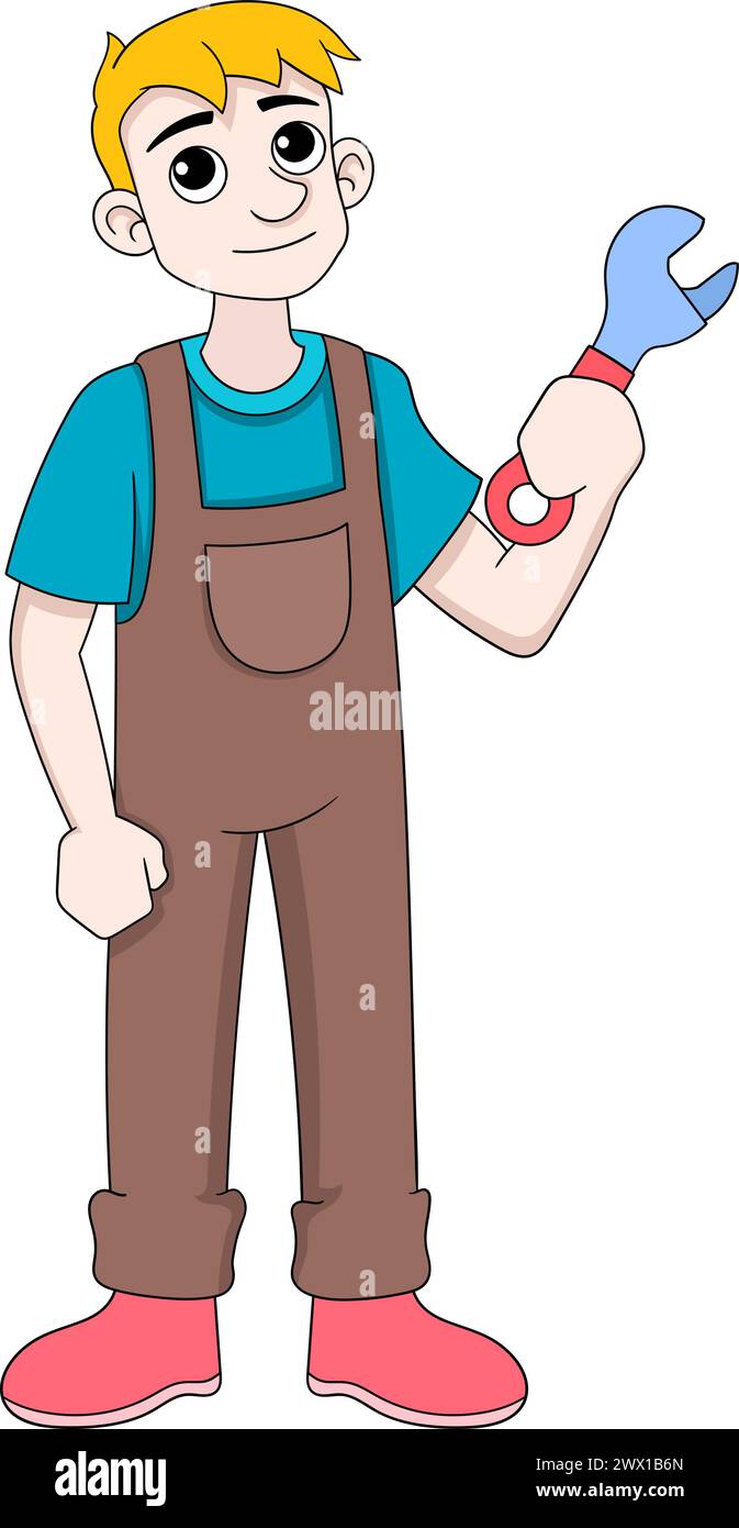 illustration of human activity image, boy mechanic carrying wood for repairs, cartoon flat illustration Stock Vector