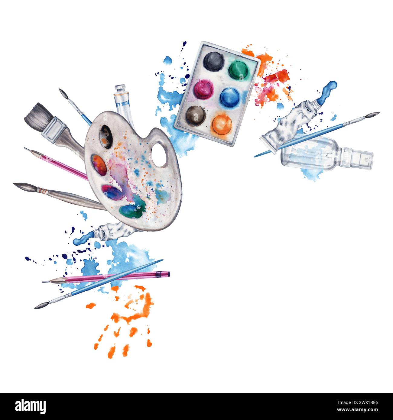 Paint and brushes composition with artist pallete, handprint and colorful splatter. Watercolor illustration isolated on white background. Stock Photo