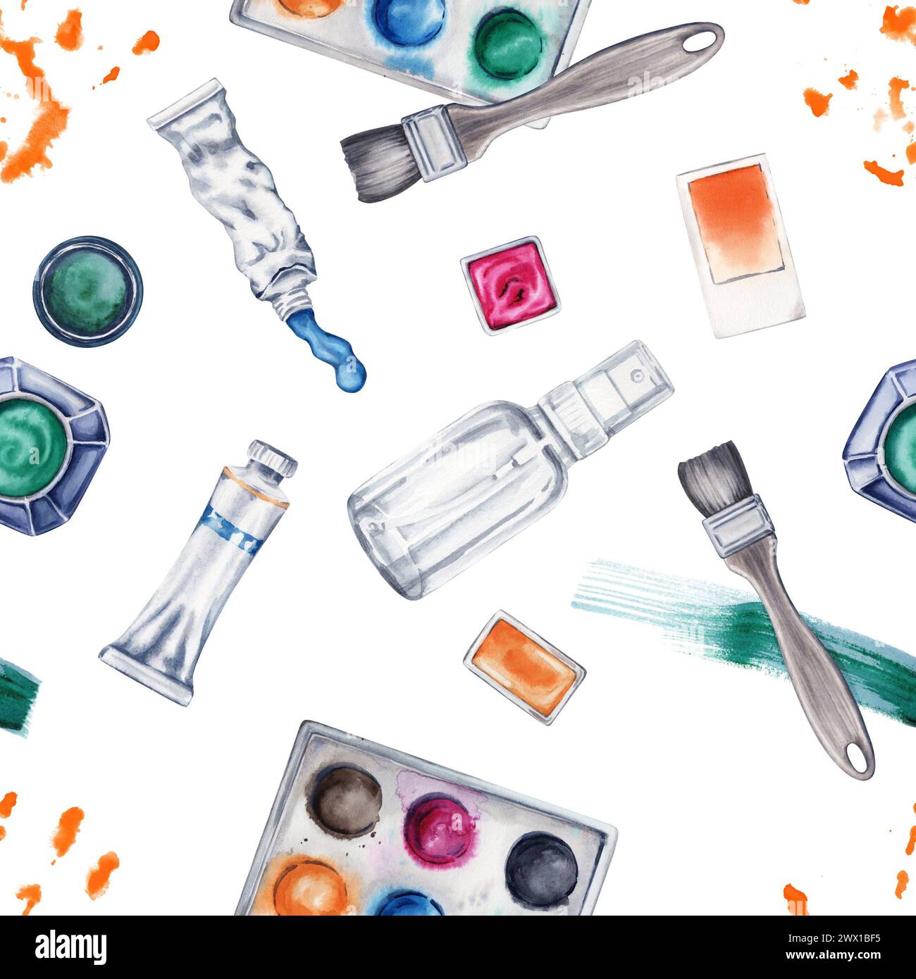 Art materials seamless pattern on white  background. Brushes and paint tubes watercolor illustration. Ink bottle with spray bottle elements. Stock Photo