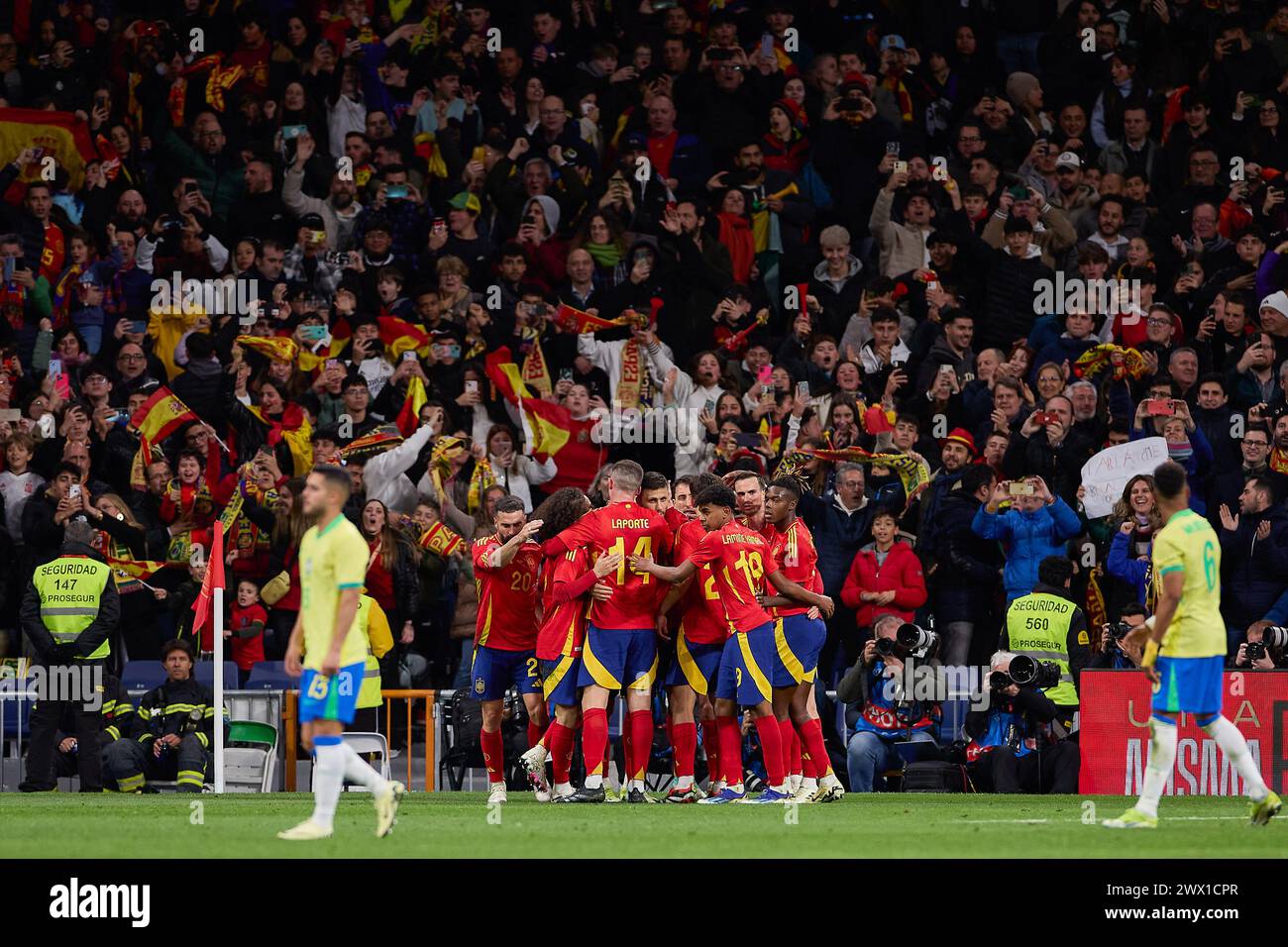 Madrid, Spain. 26th Mar, 2024. The Spanish National Football Team celebrate a goal during the international friendly match between Spain and Brazil at Santiago Bernabeu Stadium. Final score: Spain 3:3 Brazil (Photo by Federico Titone/SOPA Images/Sipa USA) Credit: Sipa USA/Alamy Live News Stock Photo