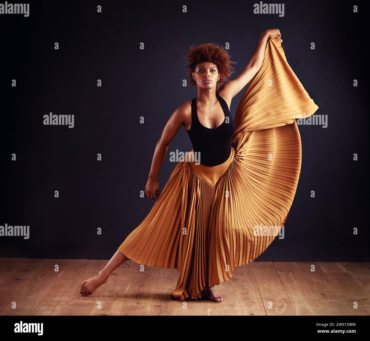 Contemporary dancer and woman for dancing in studio with performance