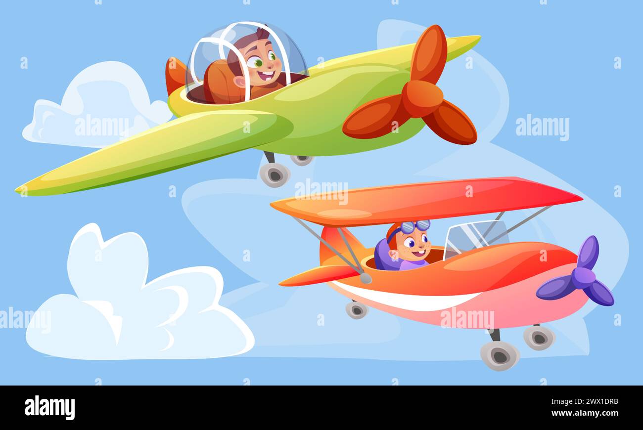 Happy kids flying on color planes in sky. Vector cartoon illustration of cute little boys piloting green and red toy aircraft, blue skyline background with clouds, school banner template, childhood Stock Vector
