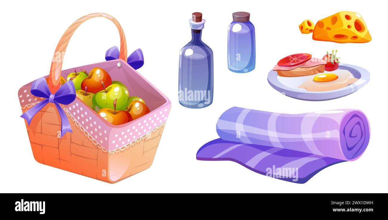 Picnic basket and food set isolated on white background. Vector cartoon ...