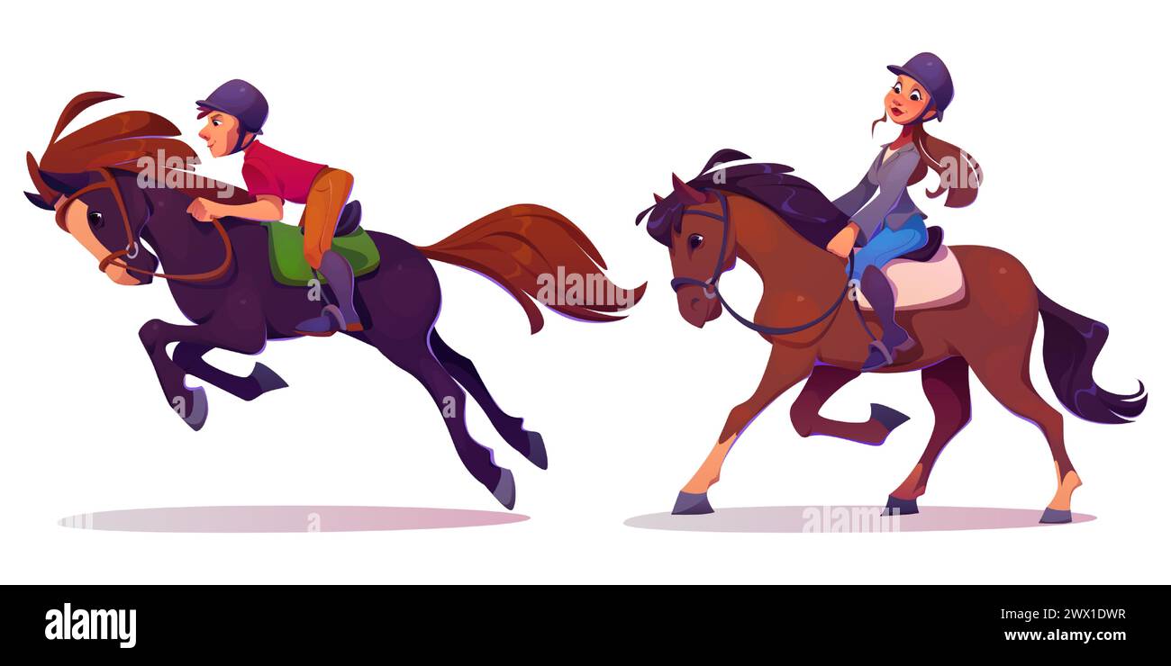 Horse rider man and woman in equipment. Cartoon vector illustration set