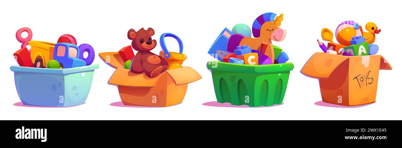 Kid box with bear toy, ball and child car cartoon. Full gift chest collection to play in kindergarten for toddler clipart set isolated on white background. Old teddy and animals stuffed in package Stock Vector