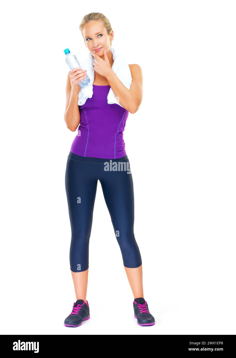 Water, thinking and fitness of woman in studio for body health, exercise or planning workout isolated on a white background mockup space. Sports, idea Stock Photo