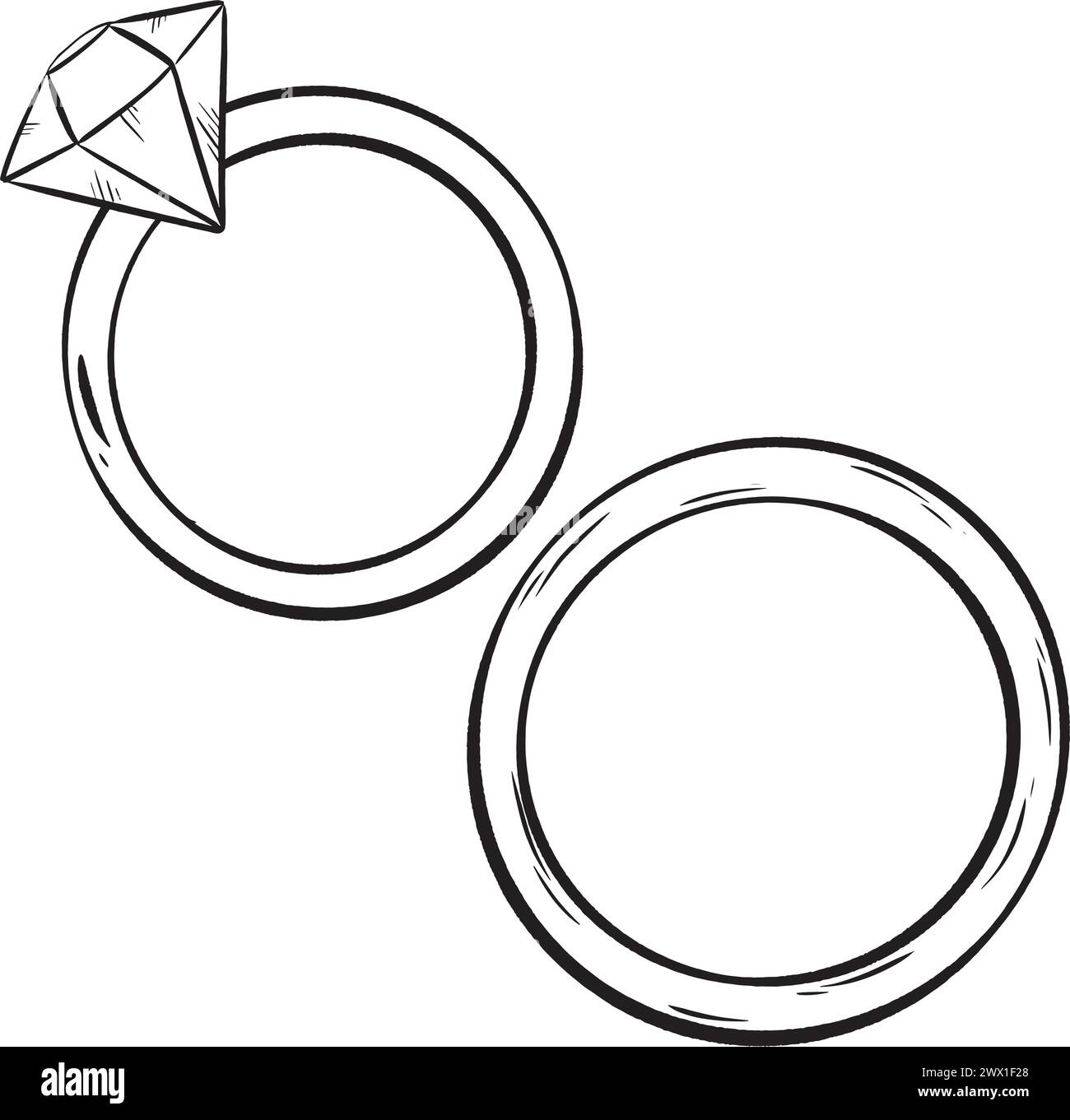 A monochrome illustration of two wedding rings with a diamond center Stock Vector