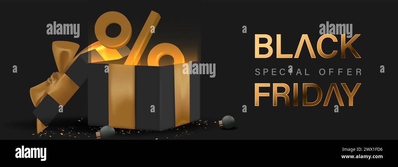 Black Friday Design Poster with 3D Realistic Black Gift Box Vector Illustration. Suitable for Poster, Banner,Sale Banner, Web Header, Flyer and Promot Stock Vector