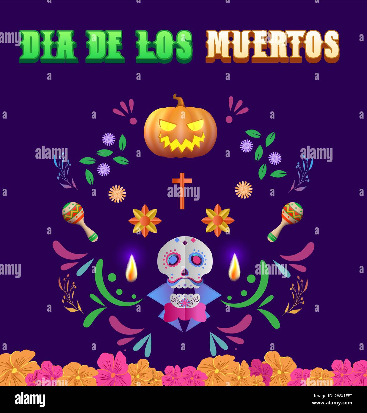Dia de los muertos means Day of the dead. Mexican holiday festival Template Banner Vector Illustration. Stock Vector