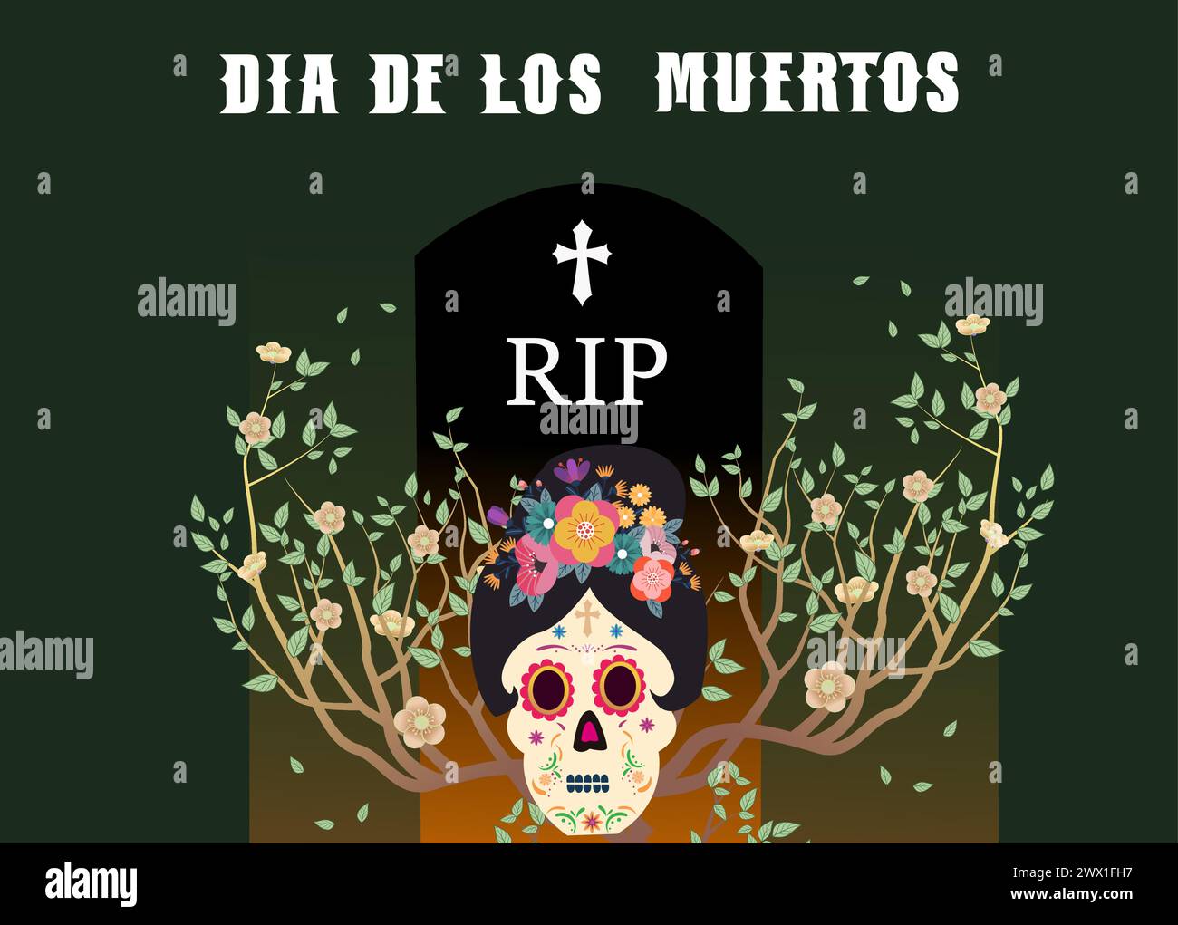 Dia de los muertos means Day of the dead. Mexican holiday festival Template Banner Vector Illustration. Stock Vector
