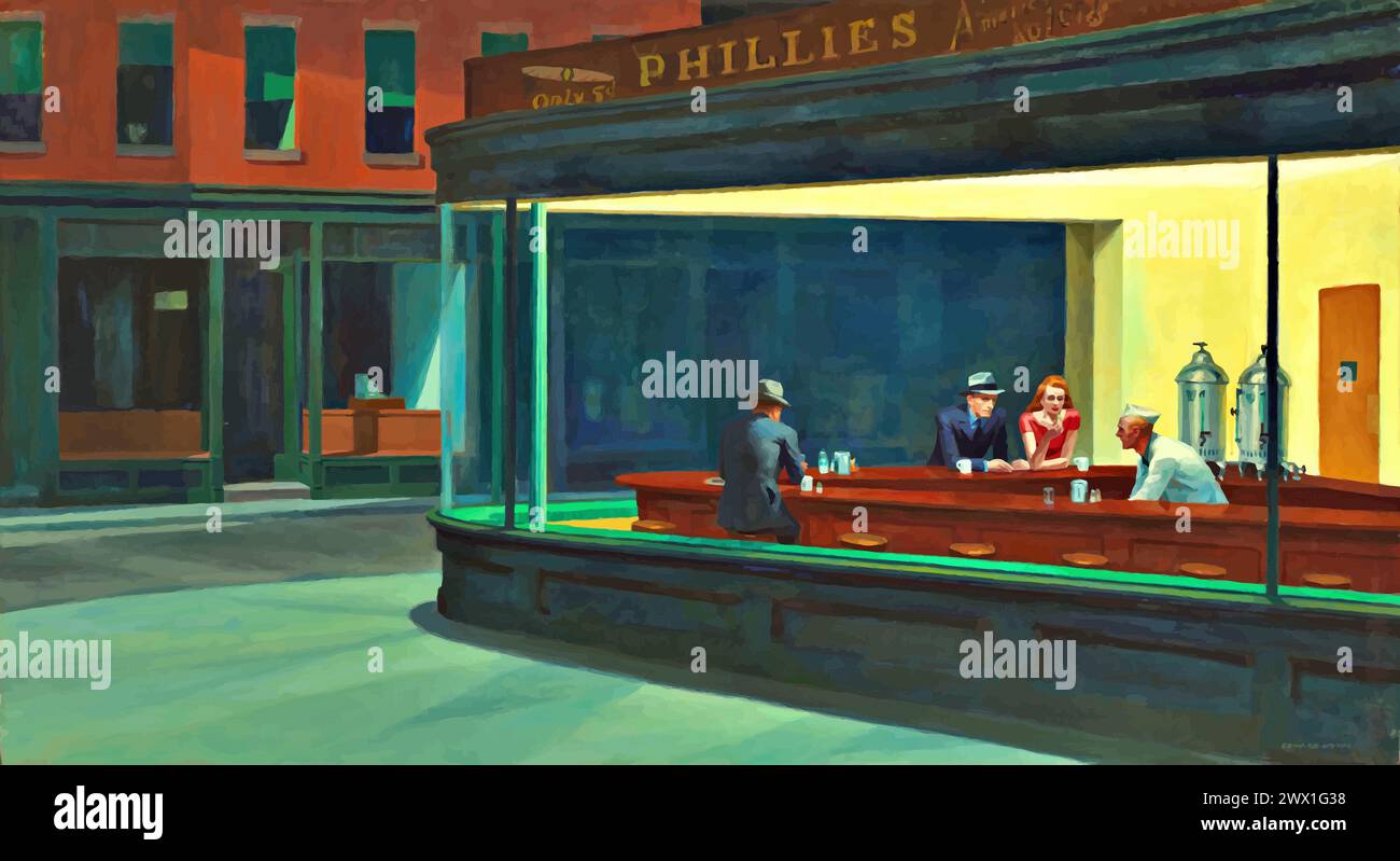 Nighthawks, 1942 (Painting) by Artist Hopper, Edward (1882-1967) American. Stock Vector