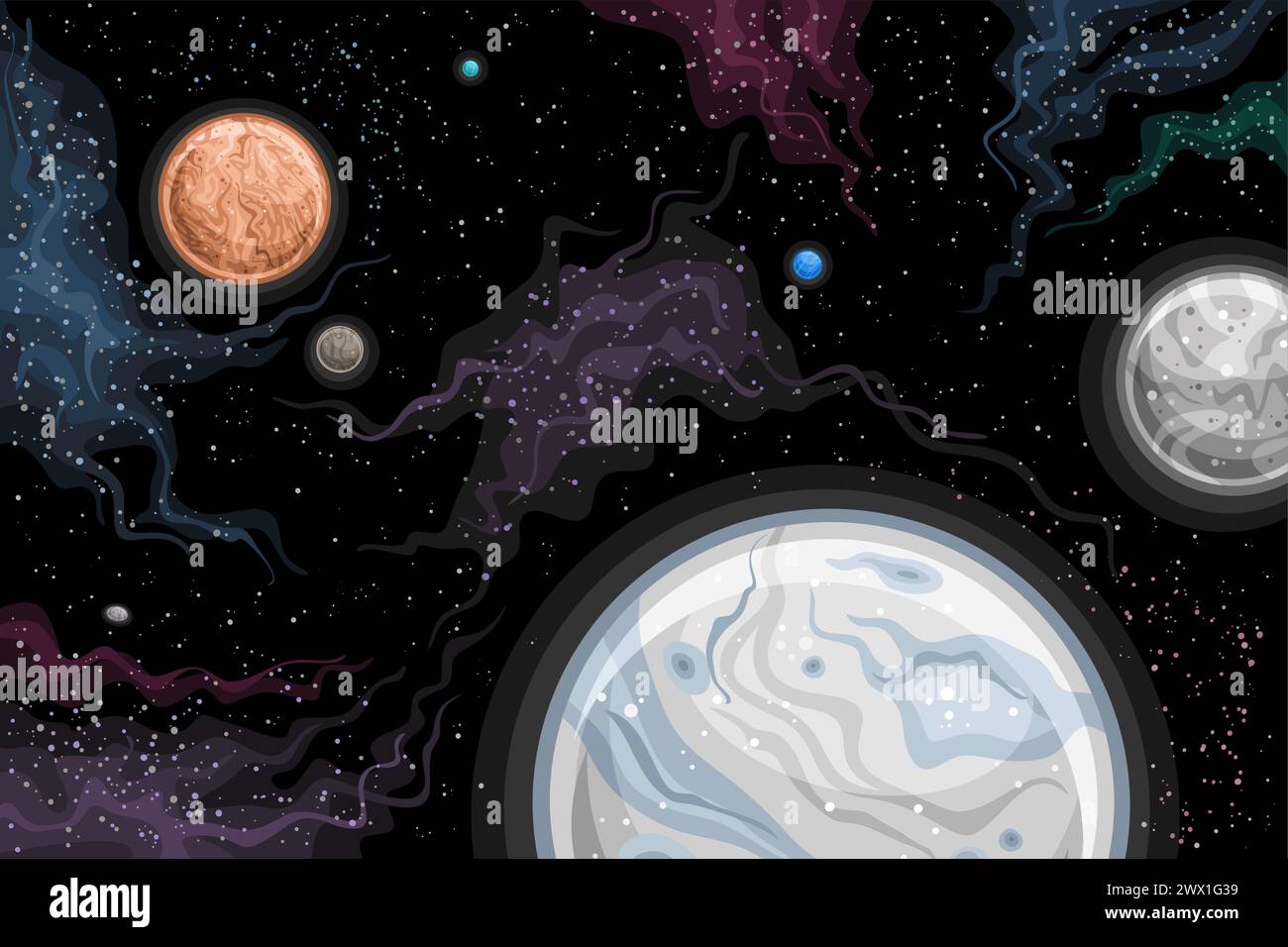 Vector Fantasy Space Chart, horizontal astronomical poster with cartoon design dwarf planets Makemake and Eris with moons in deep space, decorative fu Stock Vector