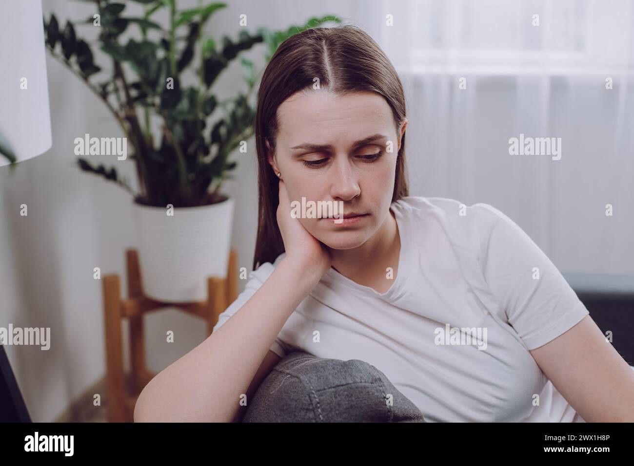 Confused young woman feels unhappy problems in personal life quarrel