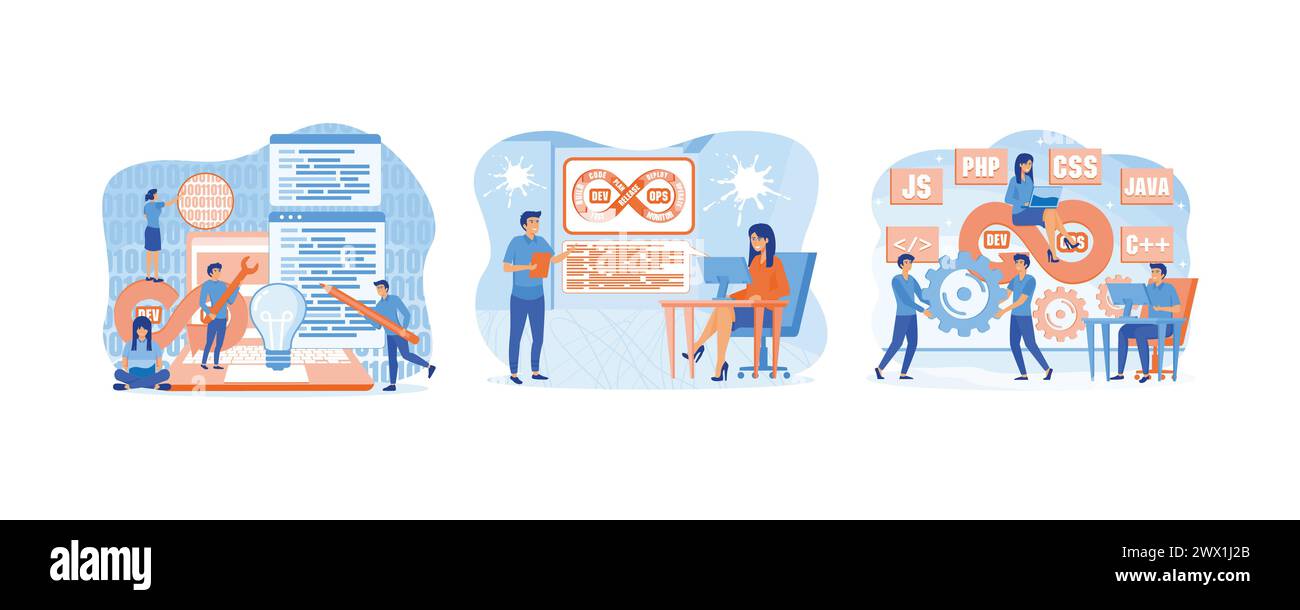 DevOps software, team of programmer, development. Team of programmer concept with devops software development. Programmers practice of development and Stock Vector