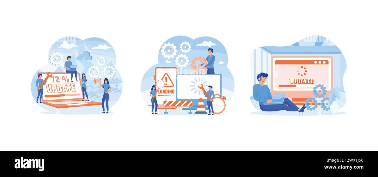 System updates with people updating operation in computing and installation programs. Technical error and service. System update concept. Set flat vec Stock Vector