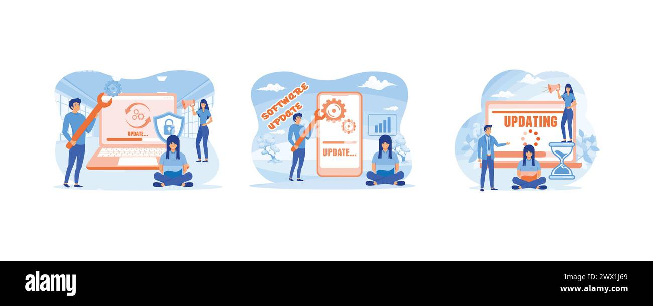 Software update people for mobile app design. Software Update concept, can be used for landing page. Software update or operating system. Set flat vec Stock Vector