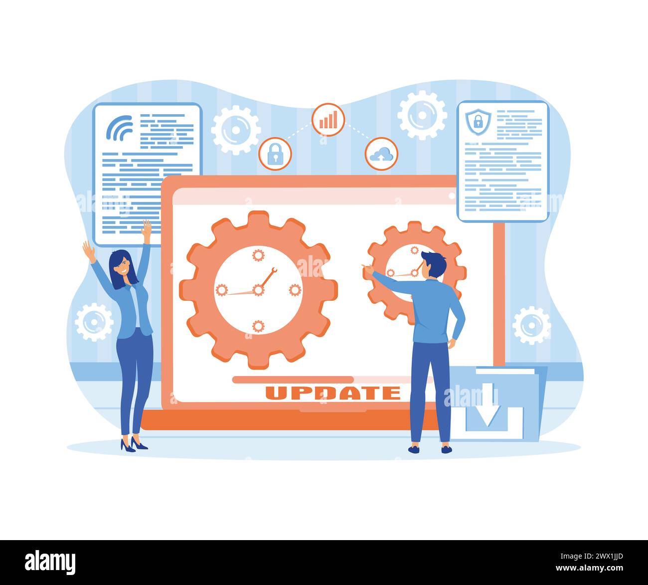 The application and web development team ensures the system updates regularly over time. improve network, security, and user privacy. flat vector mode Stock Vector