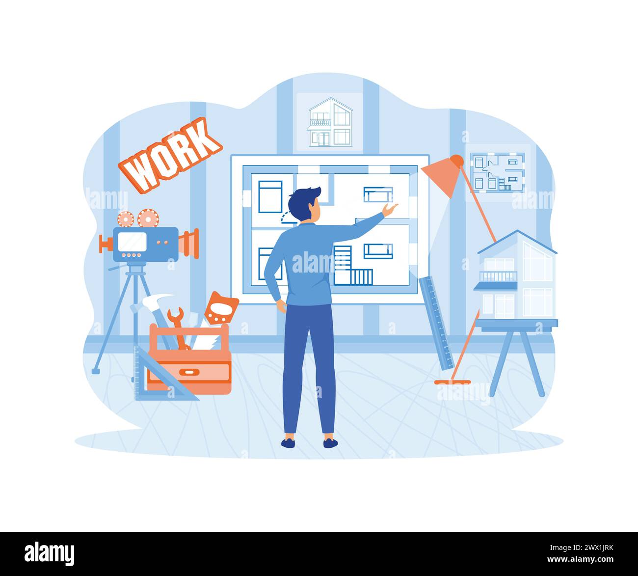 Man architect drawing house project floor plan at draftsman studio with adjustable drawing board desk. Engineer office room workshop. flat vector mode Stock Vector