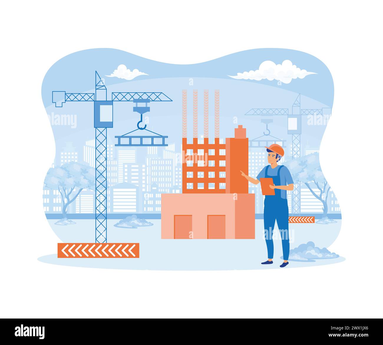 Architect Holding Blueprints near Construction. Engineer Talking on Phone near New Building. Man with Project in Helmet and Suit. Crane Constructing H Stock Vector