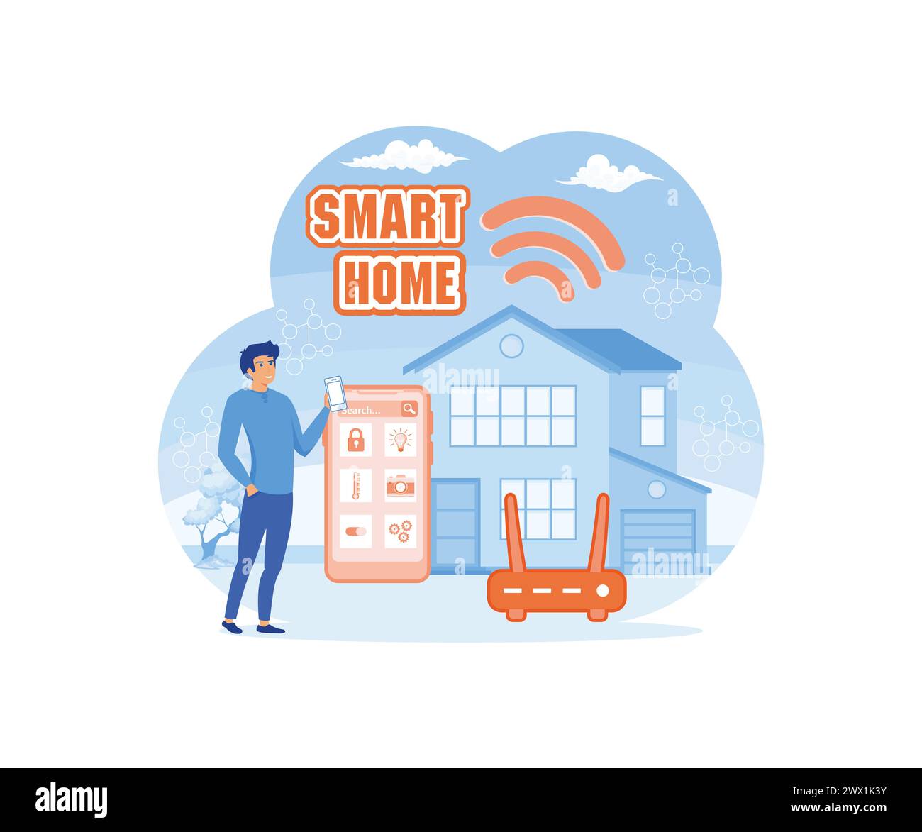 Smart home application, Program on smartphone for security camera, Electric appliance or device control, Home automation for monitoring or management Stock Vector