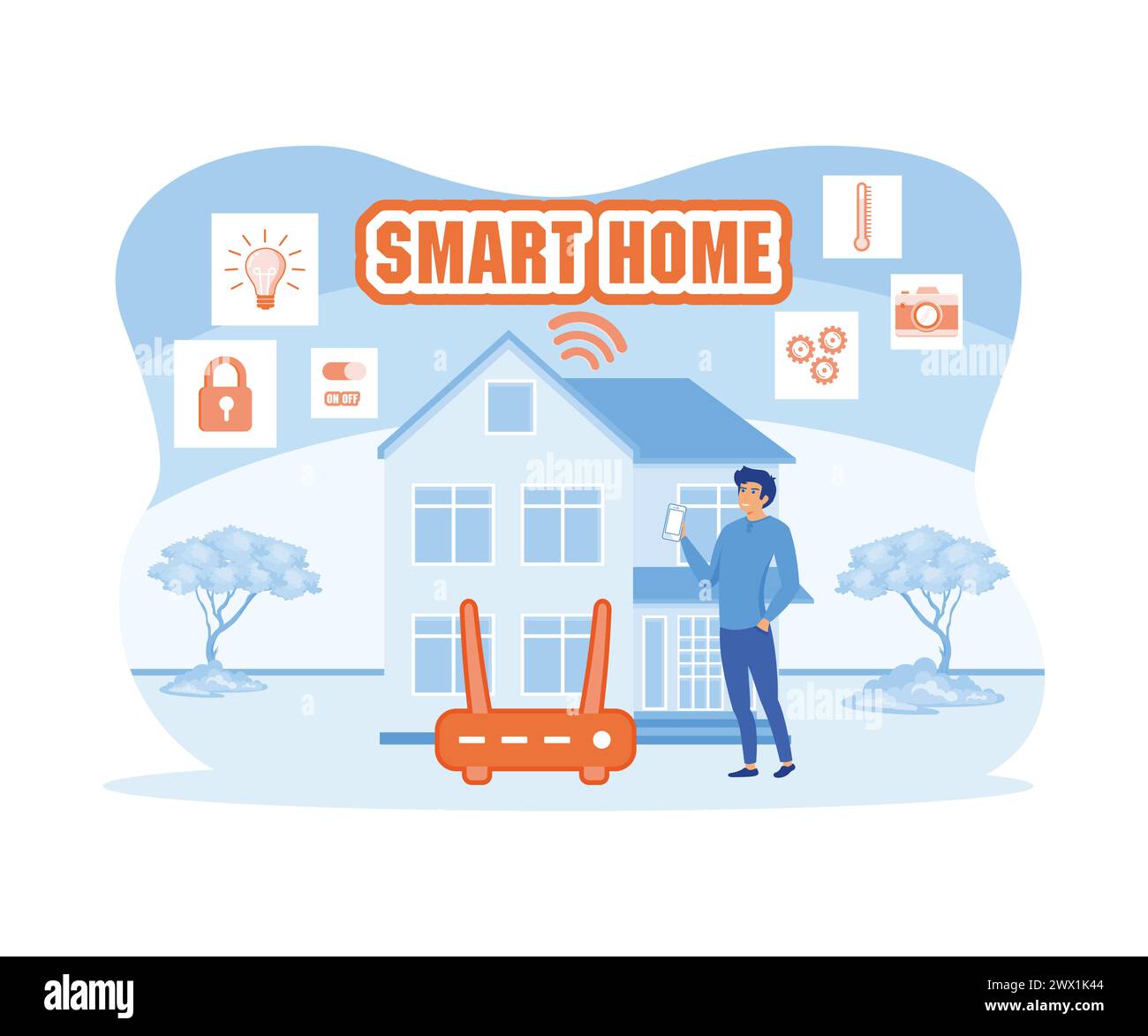 Smart home application, Program on smartphone for security camera, Electric appliance control, Router Wi-Fi internet connected to modern house and bui Stock Vector