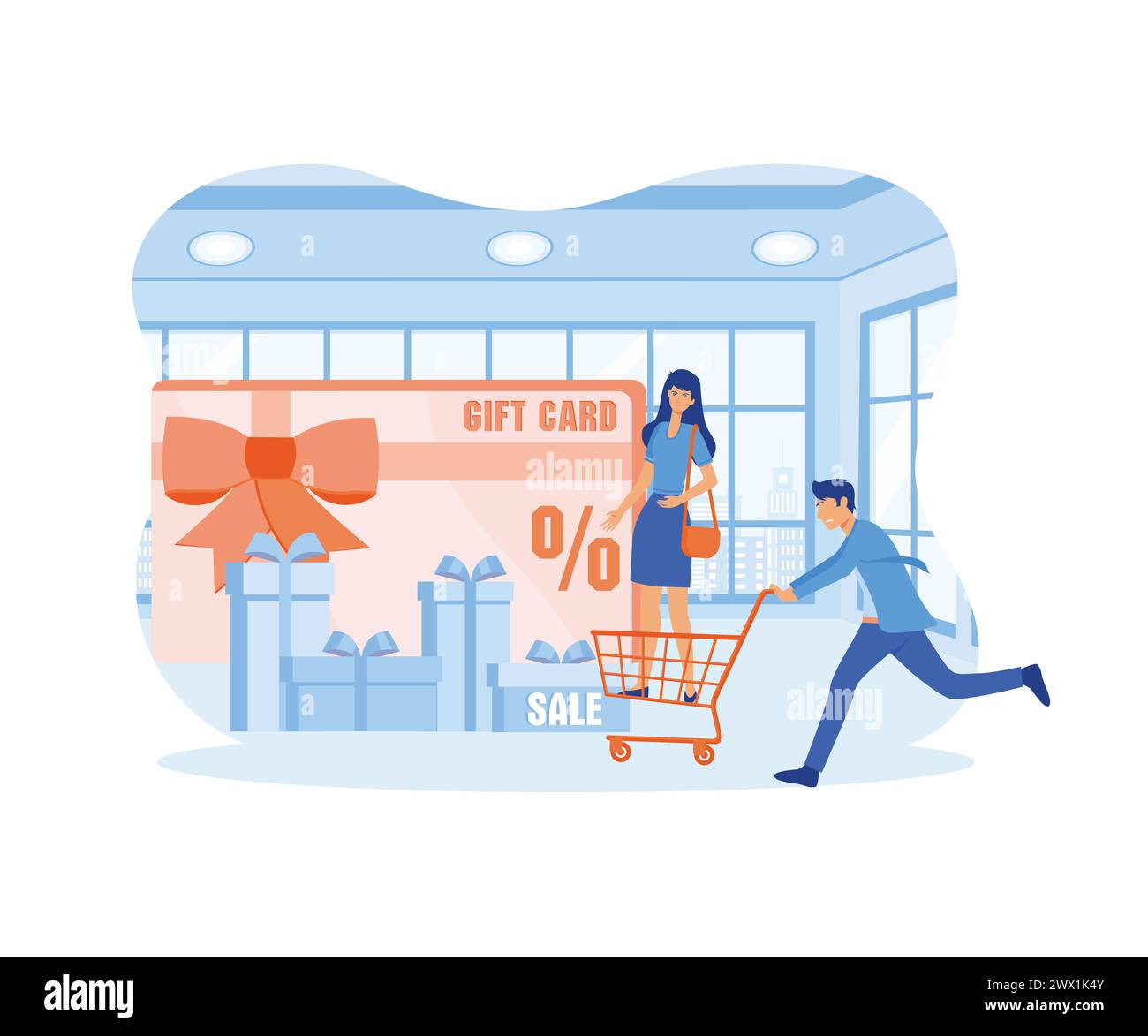 Gift card and promotion. Happy people doing online shopping with discount coupon and gift certificate. flat vector modern illustration Stock Vector