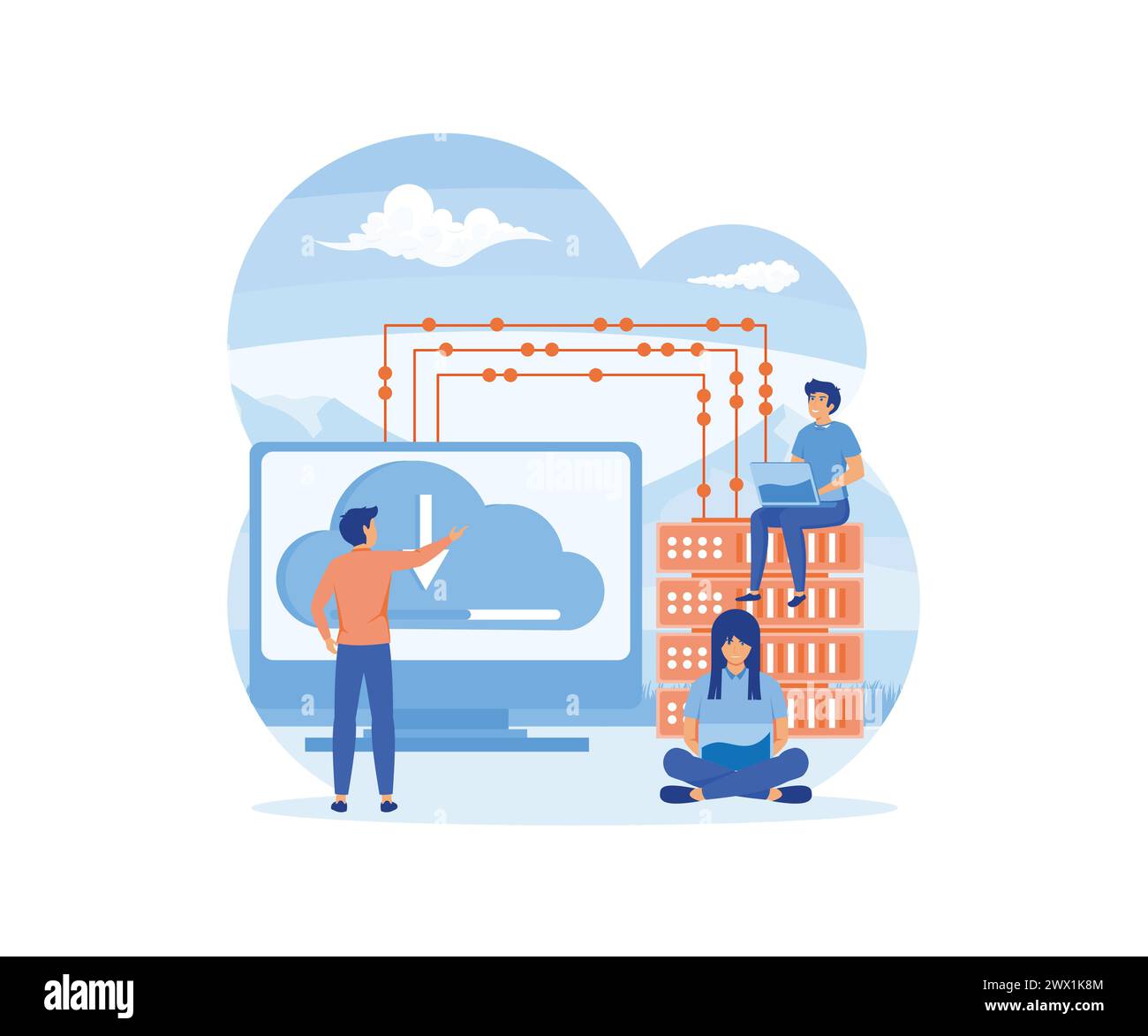 Web hosting concept. Online database, server, web data center, cloud computing, technology, computer, security. Landing page template design. flat vec Stock Vector